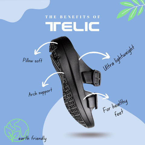 The benefits of wearing Telic, including pillow-soft arch support made from 30% recycled materials